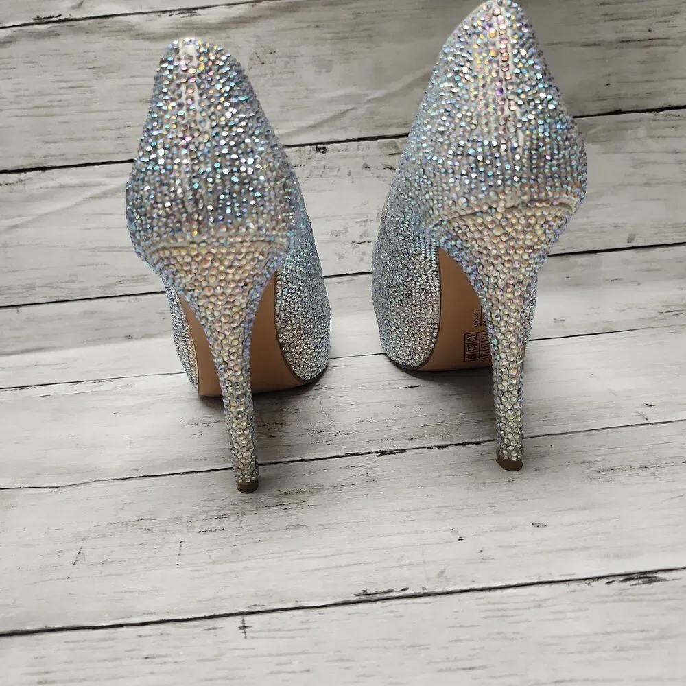 Benjamin Adams London Silver Jewel Encrusted Peep Toe Platform Pumps S 7.5/38